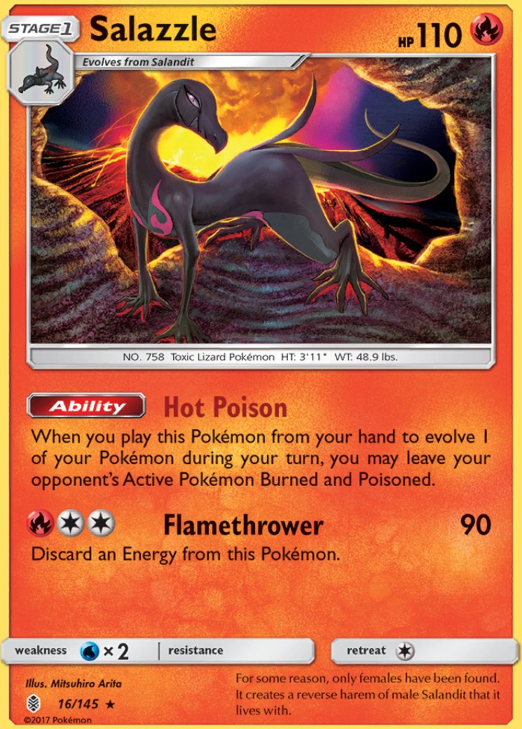 salazzle pokemon card price GX 132/147 Full Art Colorless Derisive Roasting (90) This attack does 90 damage for each Special Condition affecting your opponents Active Pokmon Salazzle ex 016/088 Me03: Perfect