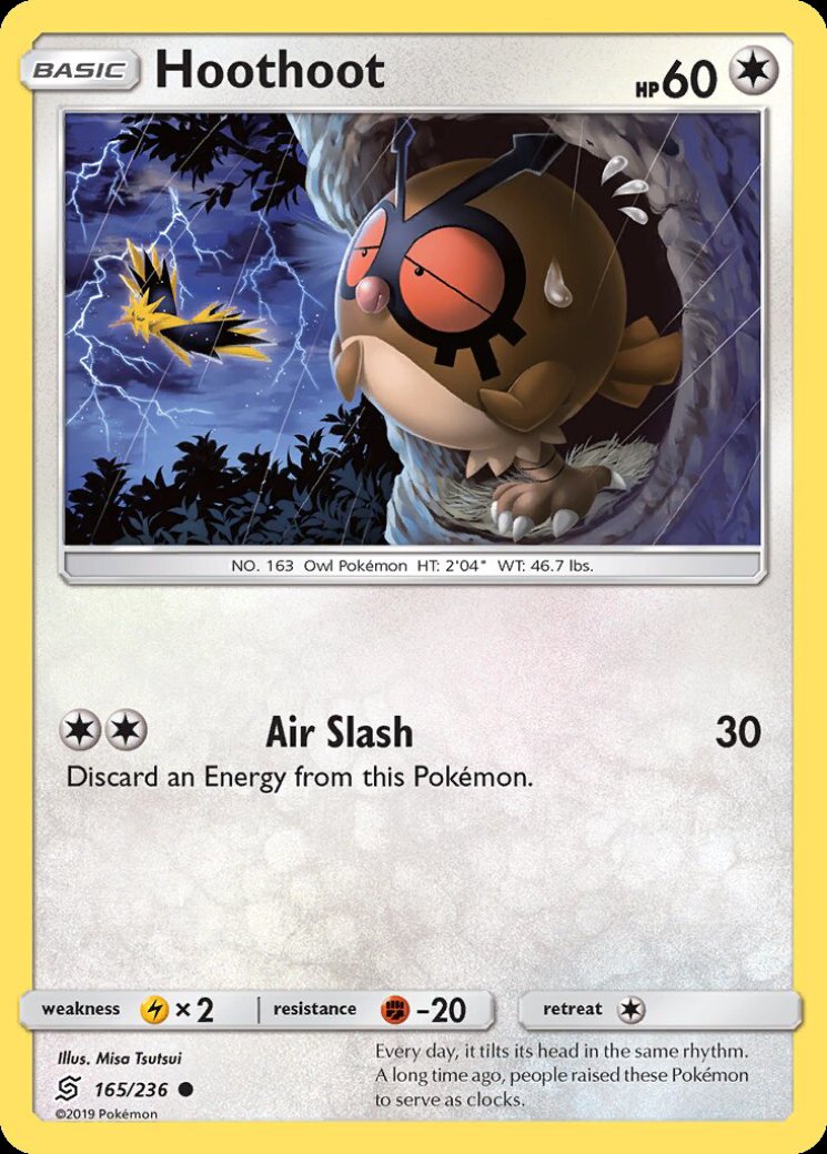 hoothoot pokemon card price - 114/142 (SCR) Common Colorless Ability Stand Sentry Basic Energy attached to your Benched Pokmon cant be discarded by an effect of your opponents Item or Supporter cards Pokemon TCG - SM10b -