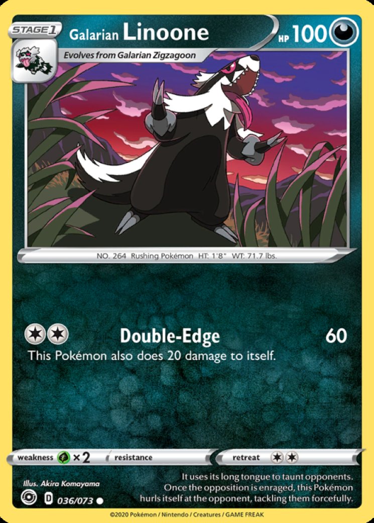 galarian linoone pokemon card de Galar / Linoone MoxLand Darkness Darkness Night Slash (20) Switch this Pokmon with 1 of your Benched Pokmon Galarian Linoone 36/73 Price 2026