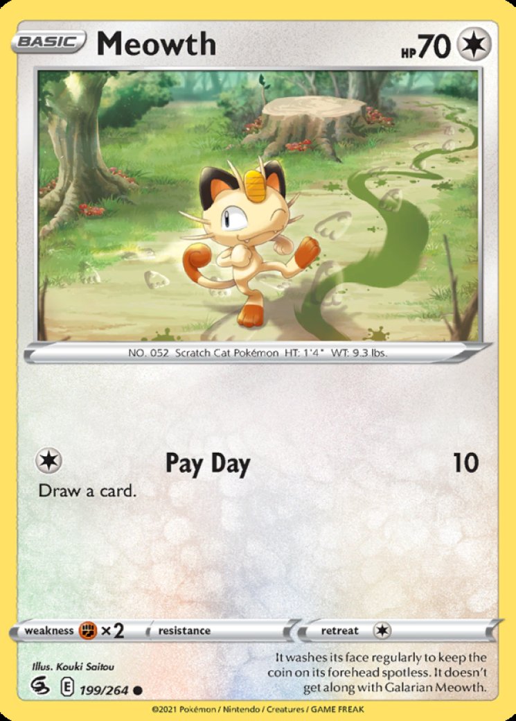 galarian meowth pokemon card 199/264 Price 2026 Metal / 70 / Basic Attack 1 Pokémon TCG: Crown Zenith's English