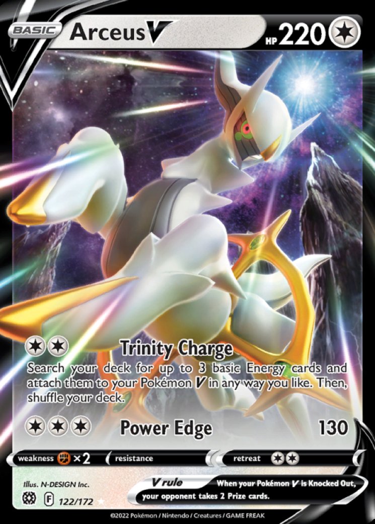 shadow arceus pokemon card V 122/172 Price 2026 Colorless Trinity Charge Search your deck for up to 3 basic Energy cards and attach them to your Pokémon V in any way you like Pokemon Shadow Arceus 97